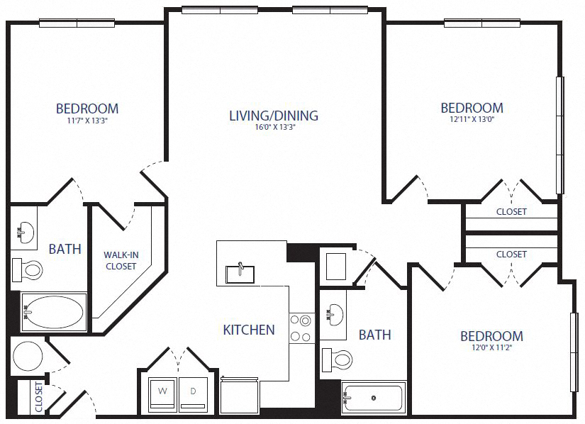 Floor plan for 3 beds, 2 baths, 1315 sqft
